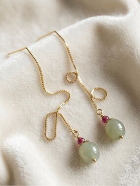 Delicate Threader Drop - Green Jade Beads Minimalist Gold Dangle Earrings